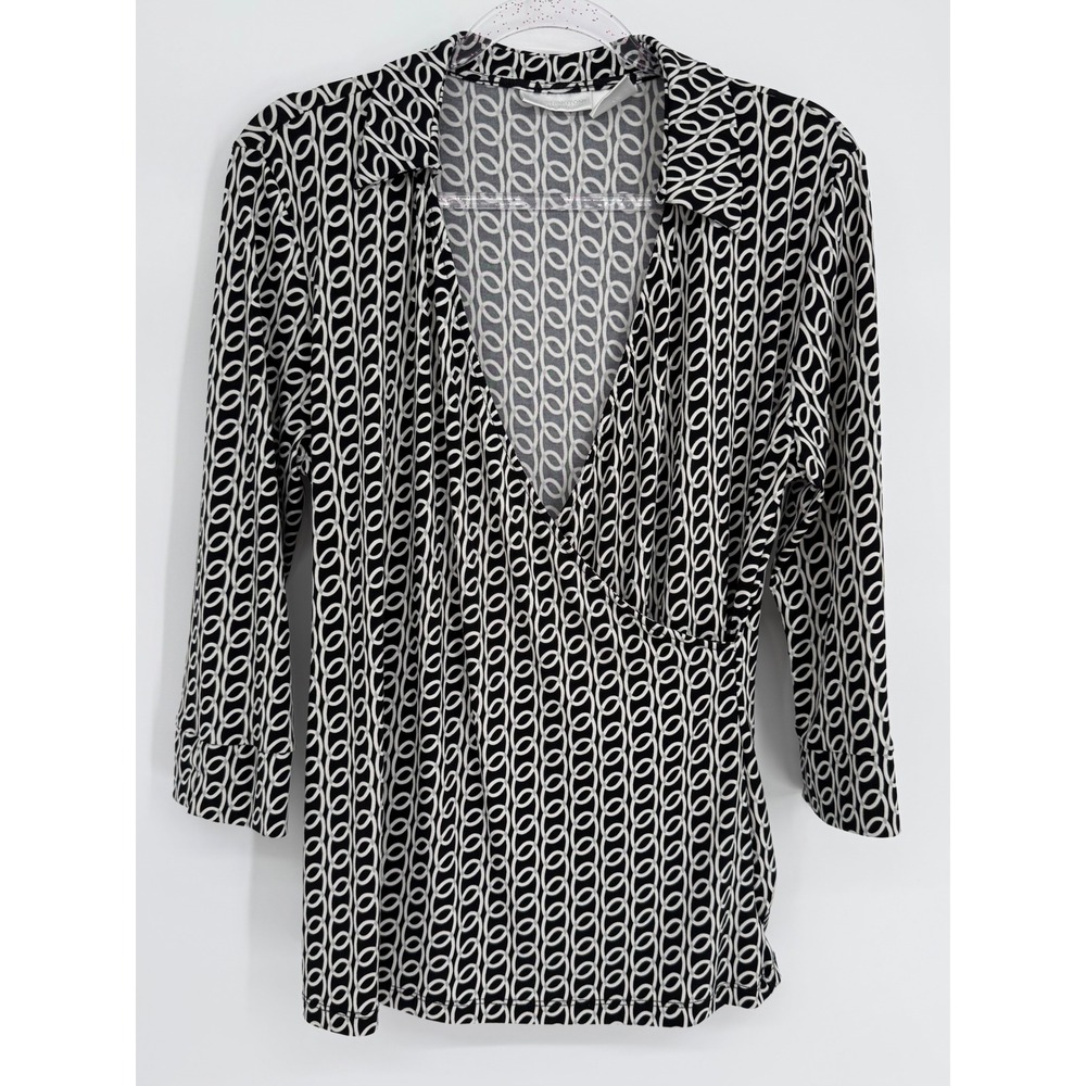Worthington Black White Chain Link Wrap Top 3/4 Sleeve Collared Blouse L
